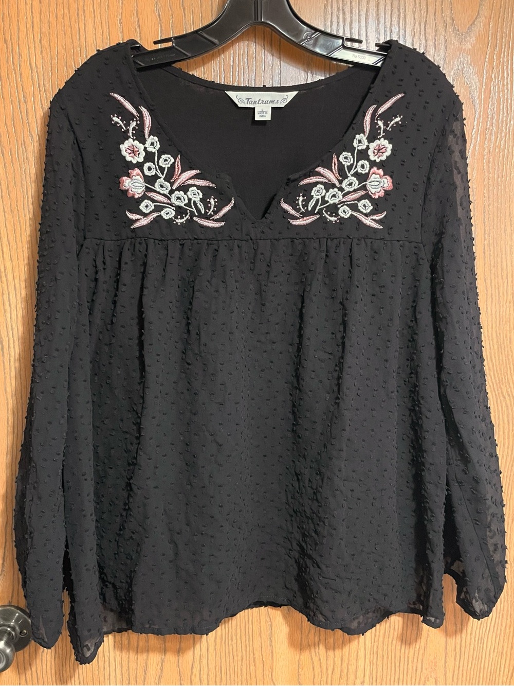 EUC Black Blouse with Swiss Dots and Embroidered V-Neck